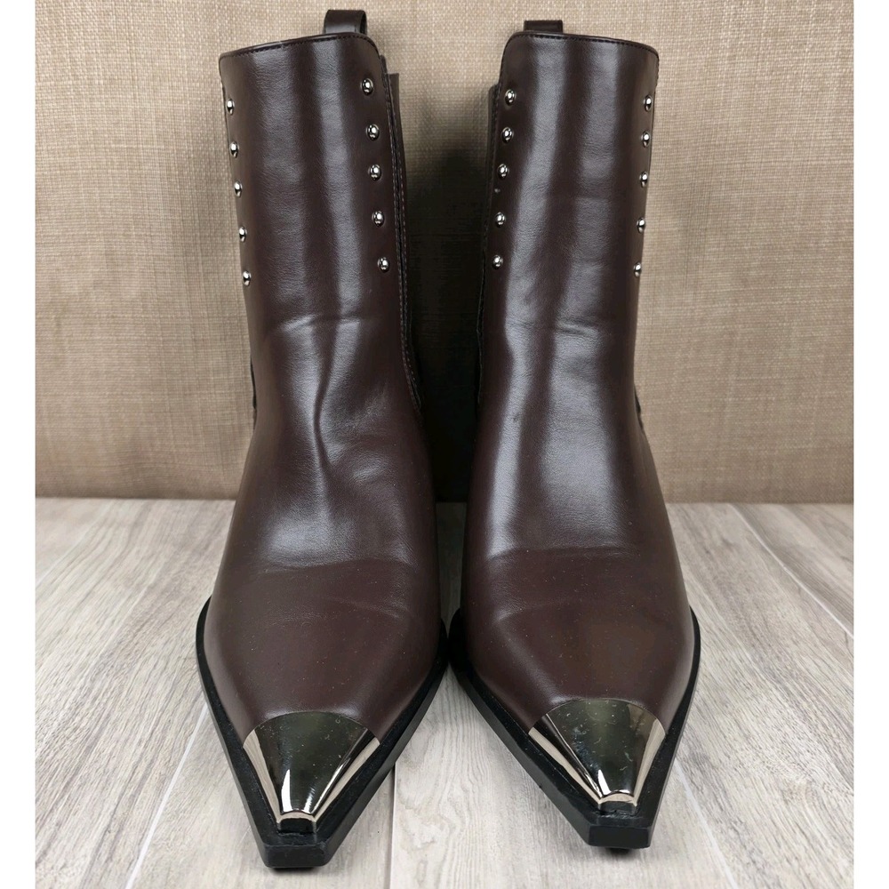 Azalea Wang Dusan Chocolate Steel Point Toe Studded Block Heel Ankle Boots Sz 11